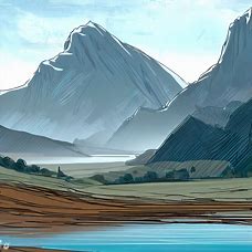 Draw a landscape view of an exotic mountain range with a clear lake in the foreground.