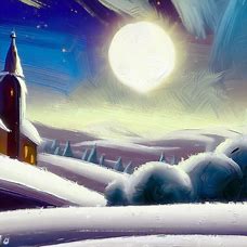 Paint a beautiful Christmas landscape with snow-covered hills, church steeples, and a brilliant full moon.