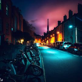 Imagine a community of electric vehicles and bikes along a side street in Dublin, brightly lit against the night sky.. Bild 3 von 4