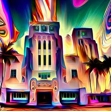 Generate an imaginative and surreal depiction of Miami's famous Art Deco architecture