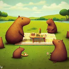 A whimsical scene of a group of capybaras having a picnic in a grassy meadow