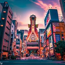 Create a stunning image of Osaka with its iconic landmarks and vibrant atmosphere