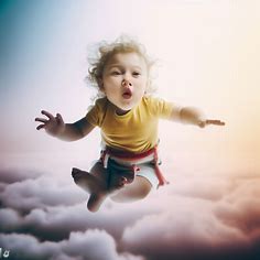 Imagine a magical world where toddlers can fly, create a scene of a toddler soaring through the clouds with a wide smile on their face.