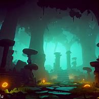 Craft an eerie and mysterious world filled with ancient ruins, gargantuan stone sculptures, and glowing mushrooms.