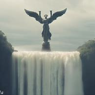 An angel is standing on top of the towering Angel Falls, with arms outstretched and a peaceful expression on their face.