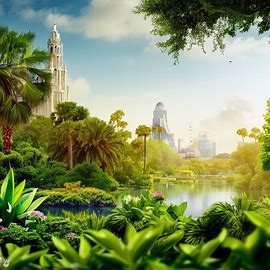 Create an idyllic scene of Orlando, Florida with lush greenery and iconic landmarks in the background.. Image 3 of 4
