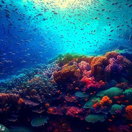A mesmerizing coral reef, surrounded by thousands of fish. Image 3 of 4