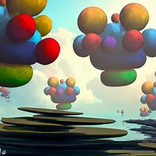 Design a surreal landscape with floating islands formed by stacks of colorful softballs.