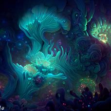 Design a mystical underwater world with luminescent creatures and elaborate coral formations.