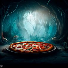 Visualize a delicious pizza in a unique and imaginative setting, such as a underwater world or a dark forest.