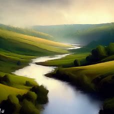 Paint me a picture of a serene river meandering through rolling hills dotted with lush green vegetation.