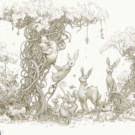 Draw a whimsical scene of animals, such as rabbits and deer, picking grapes from towering vines.。第 3 个图像，共 4 个图像