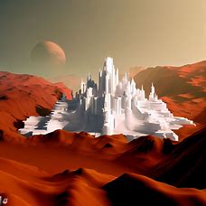 Imagine a 3D model of Mars with a white and ancient city built into the red hills.