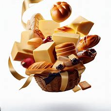 Create an image of a beautifully crafted gourmet gift basket floating in the air, surrounded by elegant ribbon and surrounded by buttery pastries, succulent cheeses, and juicy fruits.