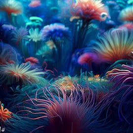 Imagine a forest of colorful sea anemones and their delicate tentacles, floating in a deep blue sea.. Image 2 of 4