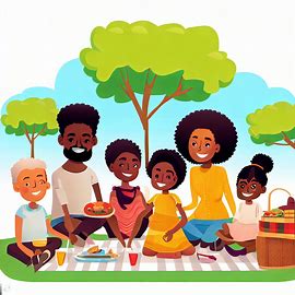 Create an illustration of a multicultural family enjoying a picnic in a park.. Image 3 of 4