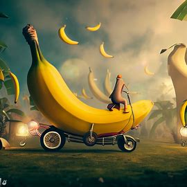 Create a whimsical world where bananas have taken over and become the main form of transportation.. Image 1 of 4