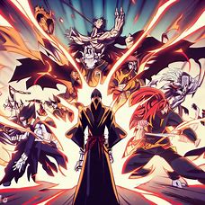 Illustrate an epic battle scene from the Bleach anime, with all the main characters in full glory and power.