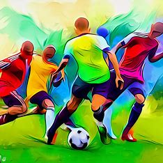 Create an illustration of a group of colorful soccer players in action on a green field.