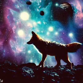 Imagine a coyote walking through a galaxy filled with stars and asteroids. Image 4 of 4