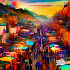Create an image of a vibrant and colorful South American market with dozens of vendors and bustling crowds.