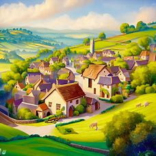 A picturesque representation of a quaint local village, surrounded by rolling hills and green fields