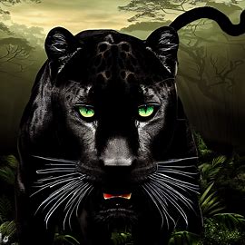 Design a black jaguar with piercing green eyes, set against a backdrop of the Amazon rainforest.. Image 3 of 4