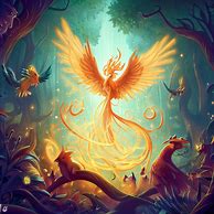 Illustrate a mystical phoenix surrounded by mystical creatures in a enchanted forest.