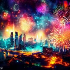 A beautiful night cityscape with colorful fireworks exploding in the background.