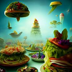 Depict a surreal imaginary world filled with strange and beautiful salad creations.