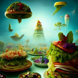 Depict a surreal imaginary world filled with strange and beautiful salad creations.. Image 1 of 4