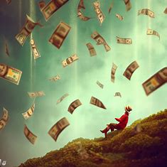 Create a whimsical and imaginative scene of money raining down from the sky.