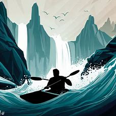 Illustrate a kayaker tackling a turbulent river with jagged rocks and towering waterfalls in the background.