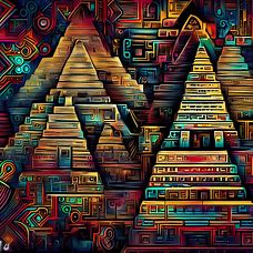 Create an intricate and colorful depiction of the ancient Maya civilization's pyramids and temples.