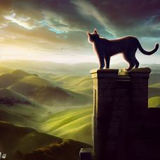 Create an image of a majestic cat standing atop a castle, gazing over a kingdom of rolling hills.