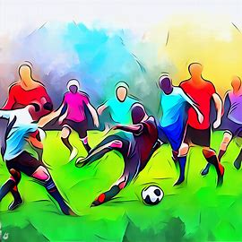 Create an illustration of a group of colorful soccer players in action on a green field.. Image 2 of 4