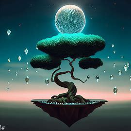 Design a surreal bonsai tree with a floating, diamond-studded moon in the background.. Image 1 of 4