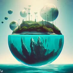 Create a surreal world globe with floating islands and crystal-clear waters.