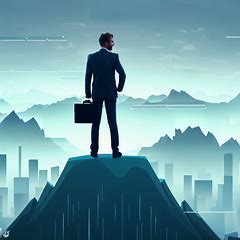An entrepreneur standing on top of a mountain, overlooking their successful business empire