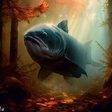 Create an image of a halibut surrounded by autumn leaves in an oceanside forest.