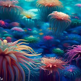 Imagine a forest of colorful sea anemones and their delicate tentacles, floating in a deep blue sea.. Image 1 of 4