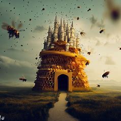 Create a surreal scene of a beehive as a castle with thousands of bees flying around it and reaching the honeycombs inside.