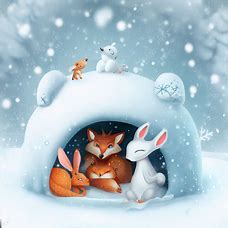 Create a whimsical winter scene with various winter animals, including a fox, a deer, and a rabbit, all snuggled up in a cozy igloo surrounded by falling snowflakes.