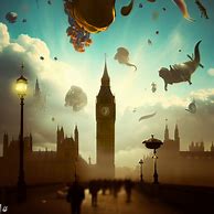 Create a surreal scene of Big Ben in London with a sky full of floating objects and creatures.