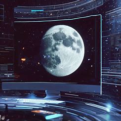 Visualize a computer with a monitor that displays a live and rotating view of the moon