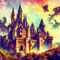 Design an image of the Hohenzollern Castle in Germany as if it were a castle from a fairy tale, complete with dragons and knights, kings and queens.
