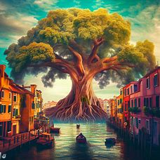 Imagine a massive tree growing in the heart of Venice, surrounded by winding canals and colorful buildings.