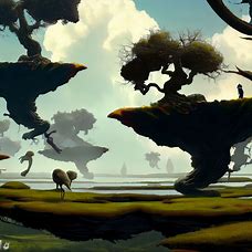 Create a surreal landscape of nature with floating islands, strange trees and creatures