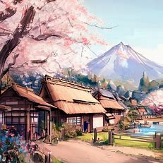 Draw an idyllic scene of a traditional Japanese village with cherry blossoms and a mountain in the background.