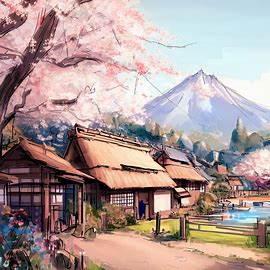 Draw an idyllic scene of a traditional Japanese village with cherry blossoms and a mountain in the background.. Image 1 of 4